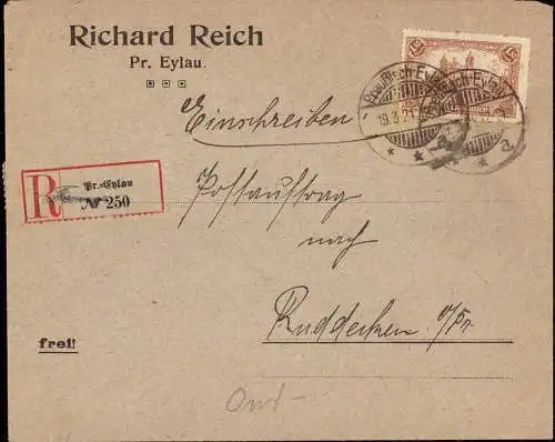 603736 | Ostpreussen, Postauftrag, Brief der Firma Richard Reich per Einschreiben  | Preußisch Eylau (Preußisch Eylau OP