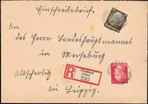 603743 | Ostpreussen, Brief 1941, per Einschreiben aus  | Friedland (Ostpr.), Stadt (Kreis Bartenstein Opr.), -,