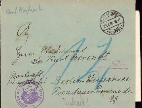 603747 | Ostpreussen, Brief 1938 mit Kirchensiegel | Tiefensee (Kreis Heiligenbeil Opr.)