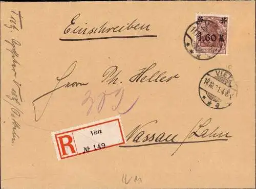 603756 | Brandenburg Neumark, Brief per Einschreiben  | Vietz (Kreis Landsberg/W Neumark), -,