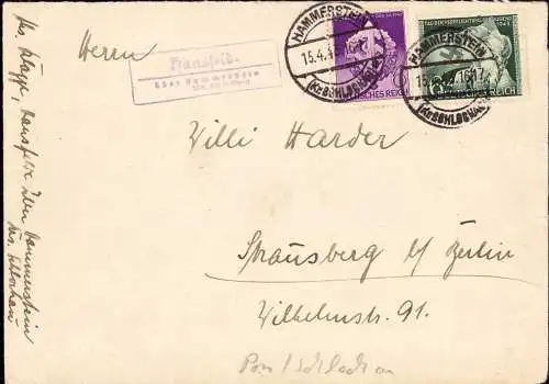 603760 | Pommern, Brief 1943, vom der Posthilfsstelle  | Hansfelde (Kreis Schlochau Pommern), Hammerstein (Kreis Schloch