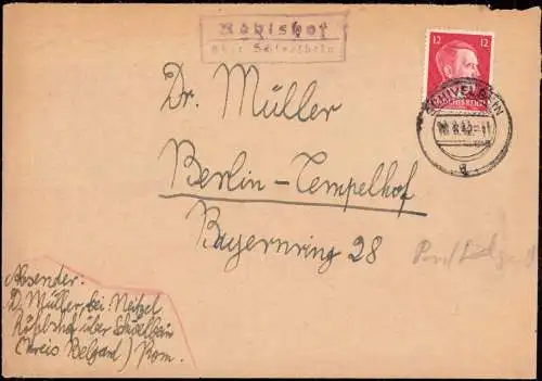 603763 | Pommern, Brief 1942, von der Posthilfsstelle | Röhlshof (Kreis Belgard Pommern), Schivelbein, Stadt (Kreis Belg