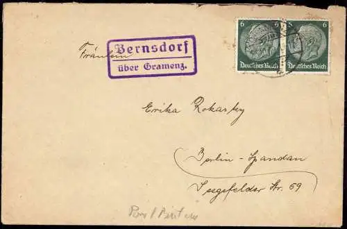 603766 | Pommern, Brief 1939, von der Posthilfsstelle | Bernsdorf (Kreis Frankenstein N.Schl.), Gramenz (Kreis Bütow Pom