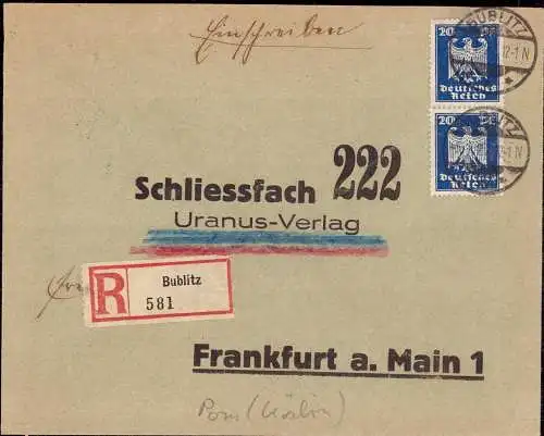 603768 | Pommern,Brief 1927 per Einschreiben aus | Bublitz, Stadt (Landkreis Köslin Pommern)
