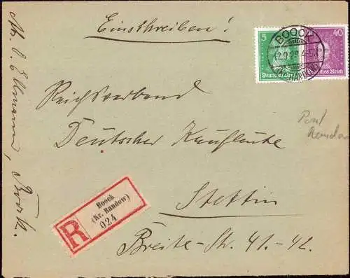 603770 | Pommern,Brief 1927 per Einschreiben aus  | Boock (Kreis Randow Pommern), -,