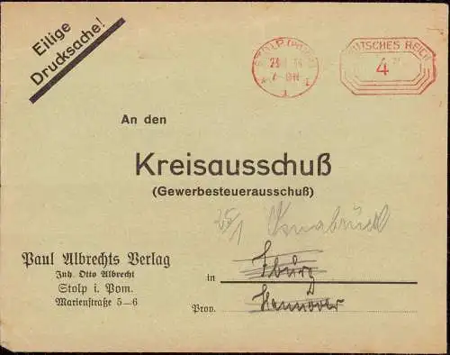 603772 | Pommern, Brief 1933 des Paul Albrecht Verlag, frankiert mit Postfreistempel  | Stolp, -,