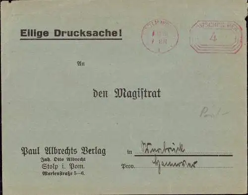 603773 | Pommern, Brief 1931 des Paul Albrecht Verlag, frankiert mit Postfreistempel | Stolp