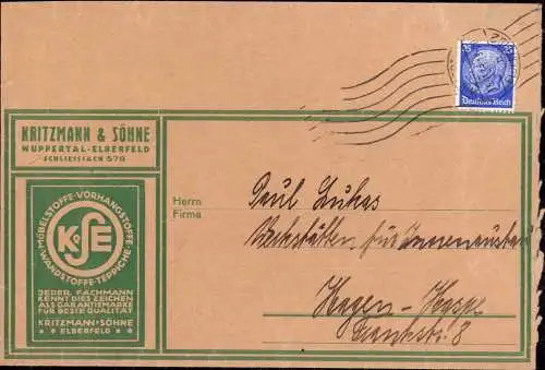 603777 | Brief Firmenlochung Perfin und Retouraufkleber der Firma Kritzmann Söhne,Stoffe,Textil | Elberfeld; Wuppertal (