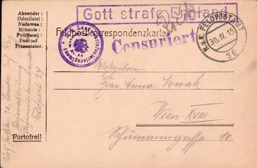 603791 | Gott strafe England, Propagandastempel auf Feldpostkarte  | -, -,