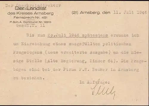 603801 | Mahnung wegen nicht ausgefüllen politischen Fragebogen, Text  | Arnsberg (W - 5760), -,