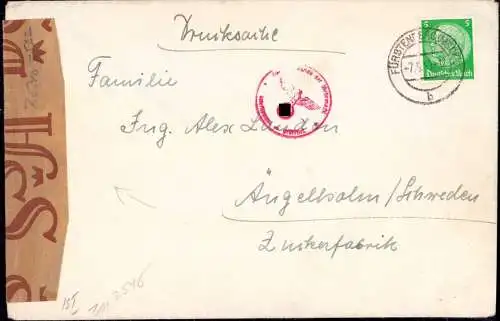 603806 | Auslands - Drucksache 1940, mit seltenem Zensurstreifen aus Schweden  | Fürstenberg / Meckl (O - 1432), -,