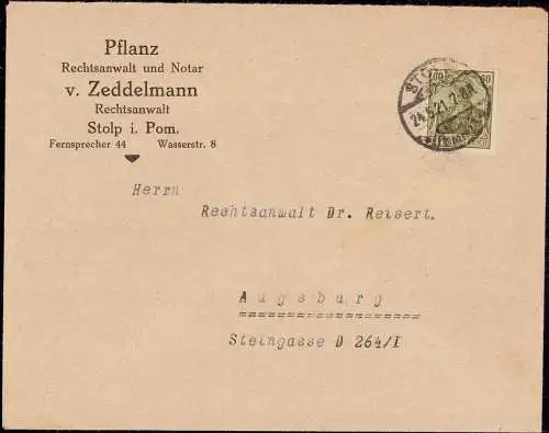 603810 | Pommern, dekorativer Brief der Rechtsanwälte Pflanz und Von Zeddelmann  | Stolp, -,