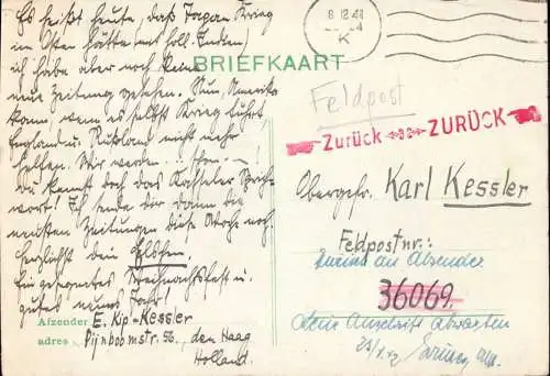 603817 | Feldpostkarte 2. WK aus Holland an Feldpost Nr. 36069 und Zurück, Retour  | -, -,