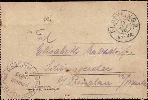 603823 | Rotes Kreuz, Feldpostkarte der Preuss. Kommission des Vereins Lazarettzug D  | Plattling (W - 8350), -,