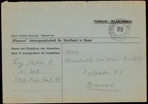 603829 | Feldpostformular der Rhenus Schifffahrt Gesellschaft  | Basel (CH - 4000 Schweiz), -,