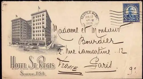 603830 | dekorativer Brief mit Werbung des Hotel St. Regis in Seattle, Washington, USA  | -, -,