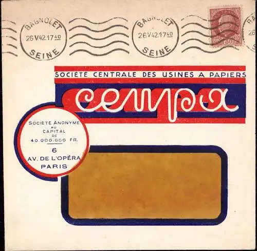 603831 | dekorativer Brief 1942, der Papierfabrik Cempa | Bagnolet;Hauts de Seine (F 93170 Frankreich)