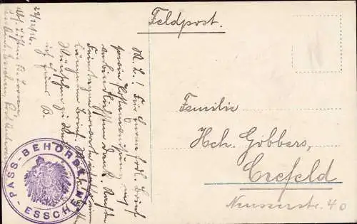 603898 | Feldpostkarte 1. WK der Passbehörde in Esschen, Belgien, Essen  |