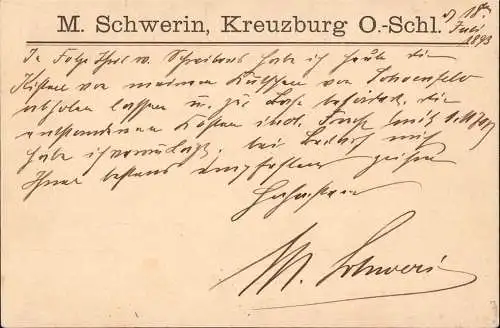 603905 | Oberschlesien, Karte, von 1893, der der Firma M. Schwerin in Kluczbork, Judaica | Kreuzburg O. S., Stadt (Kreis