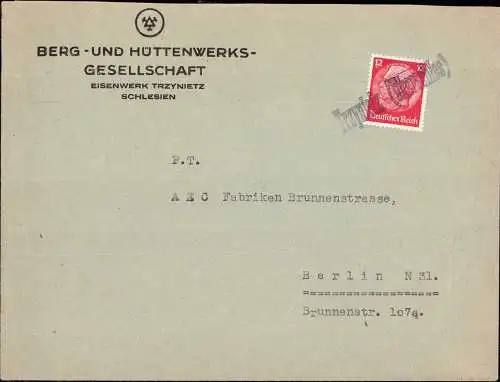 603931 | Oberschlesien, Notstempel, Brief des Berg und Hüttenwerk in Trzynietz, Kreis Teschen, Cieszyn  |