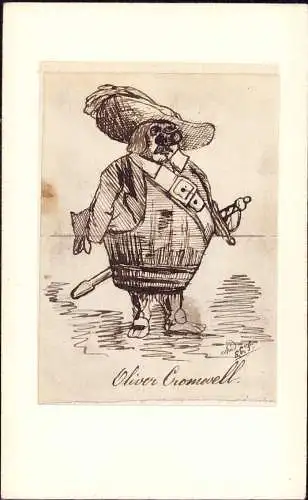 603974 | Federzeichnung, Karikatur von Oliver Cromwell auf Postkarte geklebt  |