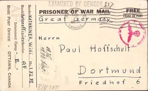 603982 | Kriegsgefangenenpost POW from internent Camp E Ottawa Canada  | -, -,