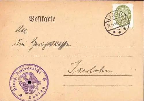 603985 | Ostpreussen, Dienstpostkarte mit Siegel des Amtsgericht  | Labiau (Labiau OP), -,