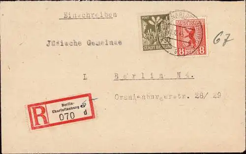 604002 | Einschreiben, Brief 1945 an die jüdische Gemeinde in der Oranienstrasse, Kreuzberg | Charlottenburg ; Berlin (W