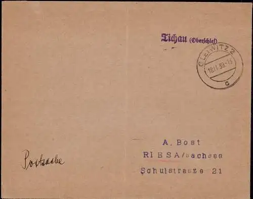 604008 | Oberschlesien, Postsache 1939 mit Notstempel Tichau Tychy  | Gleiwitz, -,