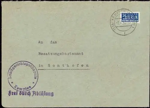 604012 | Dienstbrief, Frei durch Ablösung, der Bayerischen Grenzpolizeistelle, Notopfer  | Kempten (W - 6530), -,