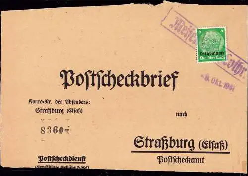 604015 | Grosses Briefstück, Postscheckbrief deutsche Besetzung Lothringen mit Notstempel  | Maisonsgoutte;Bas-Rhin (F 6