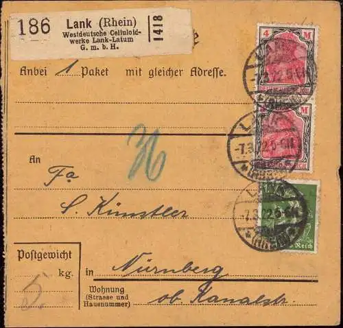 604047 | Inflation, Paketkarte, Nr. Zettel mit Eindruck Westdeutsche Celluloidwerke Lank Lathum | Meerbusch (W 4005)