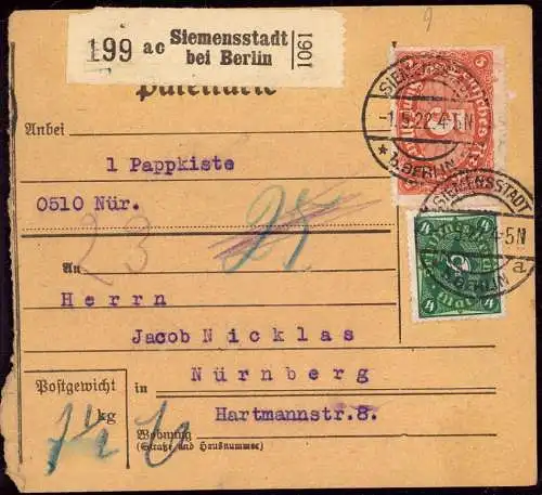 604048 | Inflation, Paketkarte, Nr. Zettel mit Eindruck Siemensstadt, Industrie  | Siemensstadt ; Spandau; Berlin (W - 1