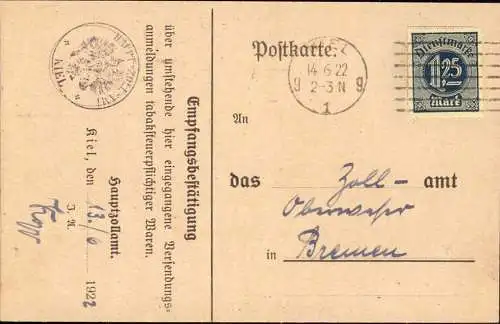 604050 | Dienstpost, Bestätigung über eingegangene Versendungsanmeldung Tabaksteuerphlichtiger Waren  | Kiel (W - 2300),