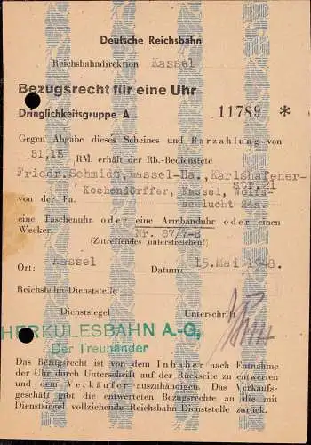 604075 | Dokument, Bezugsschein für eine Uhr mit Dienststempel der Herkulesbahn, Eisenbahn  | Kassel (W - 3500), -,