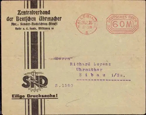 604076 | Inflation, Freistempel, Dekorativer Brief des Zentralverband der Deutschen Uhrmacher  | Halle / Saale (O - 4020