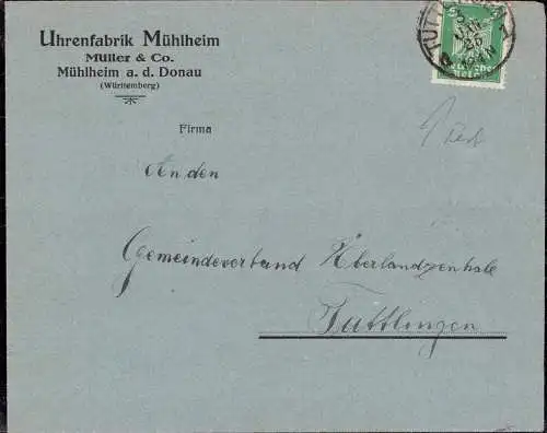 604081 | Brief, Marke mit Firmenlochung Perfin, der Uhrenfabrik Mühlheim, Fa. Müller & Co  | Mühlheim (W - 7202), -,