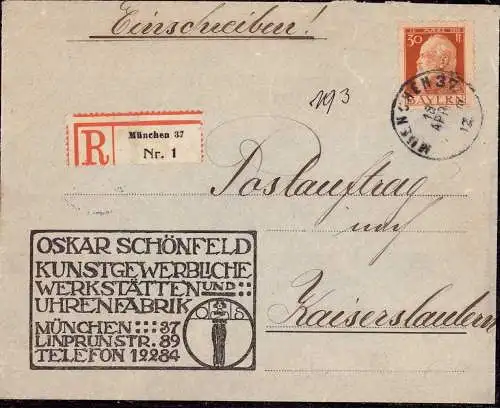 604082 | Dekorativer Brief der Kunstgewerblichen Werkstätte und Uhrenfabrik Oskar Schönfeld | München (W 8000)