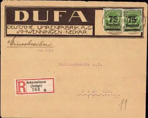 604083 | Inflation, Dekorativer Brief der Deutschen Uhrenfabrik, DUFA | Villingen-Schwenningen (Baden) (W 7730)