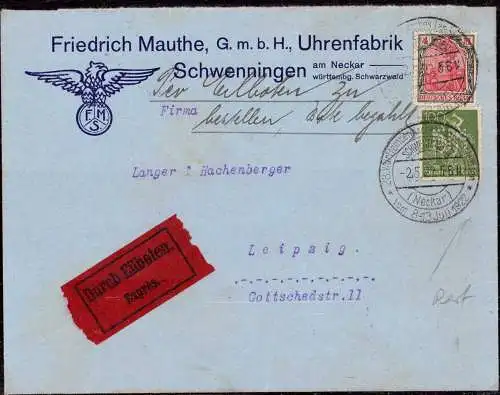 604091 | Brief Marke mit Firmenlochung Perfin, der Uhrenfabrik, Friedrich Mauthe | Villingen-Schwenningen (Baden) (W 773