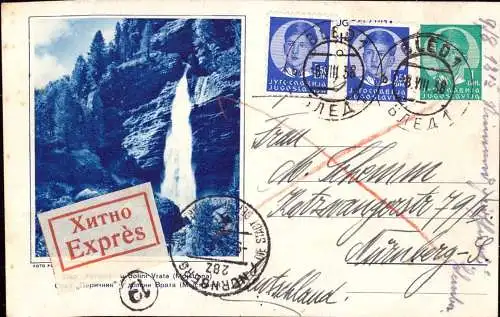 604140 | Ganzsache per Eilboten nach Deutschland, Wasserfall Dolini Vrata, Slowenien  | -, -,