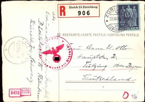 604153 | seltene Einzelfrankatur auf Postkarte per Einschreiben  | Zürich (CH - 8000 Schweiz), Tutzing (W - 8132),