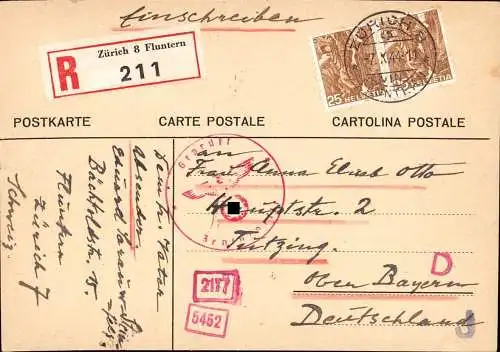 604154 | Fluntern, seltene Mehrfachfrankatur auf Postkarte per Einschreiben | Zürich (CH 8000 Schweiz), Tutzing (W 8132)