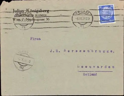 604157 | 1938, Brief der Firma Julius Königsberg, Federn und Blumen, nach Holland, Judaica  | Wien (A - 1010 Österreich)