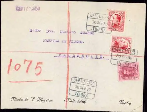 604160 | Dekorativer Brief per Einschreiben aus Tiedra nach Valladolid  | -, -,