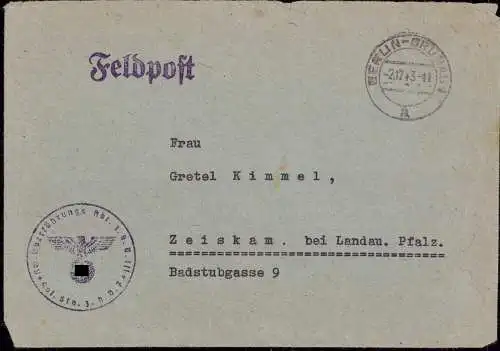 604163 | Feldpostbrief 1944, der Kraftfahrzeug Abteilung, Überführung aus  | Grünau ; Treptow-Köpenick ; Berlin (O - 100