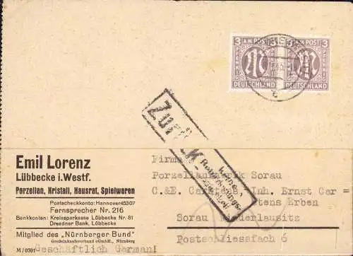 604193 | 1945, Karte n das jetzt polnische Sorau( Żary) und zurück keine Beförderungsmöglichkeit | Lübbecke, Sorau