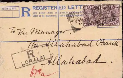 604253 | 1894, India postal stationary from Loralai, Pakistan to Allahabat  | -, -,