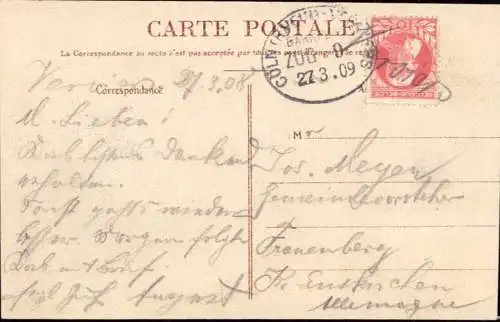 604290 | Postkarte mit Bahnpoststempel Köln Verviers mit Handschriftler Entwertung in Verviers  | -, -,