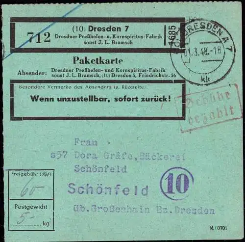 604300 | SBZ, Paketkarte der Presshefe und Kornspiritus Fabrik Bramsch frankiert mit Gebühr Bezahlt, Pilz | Dresden (O 8